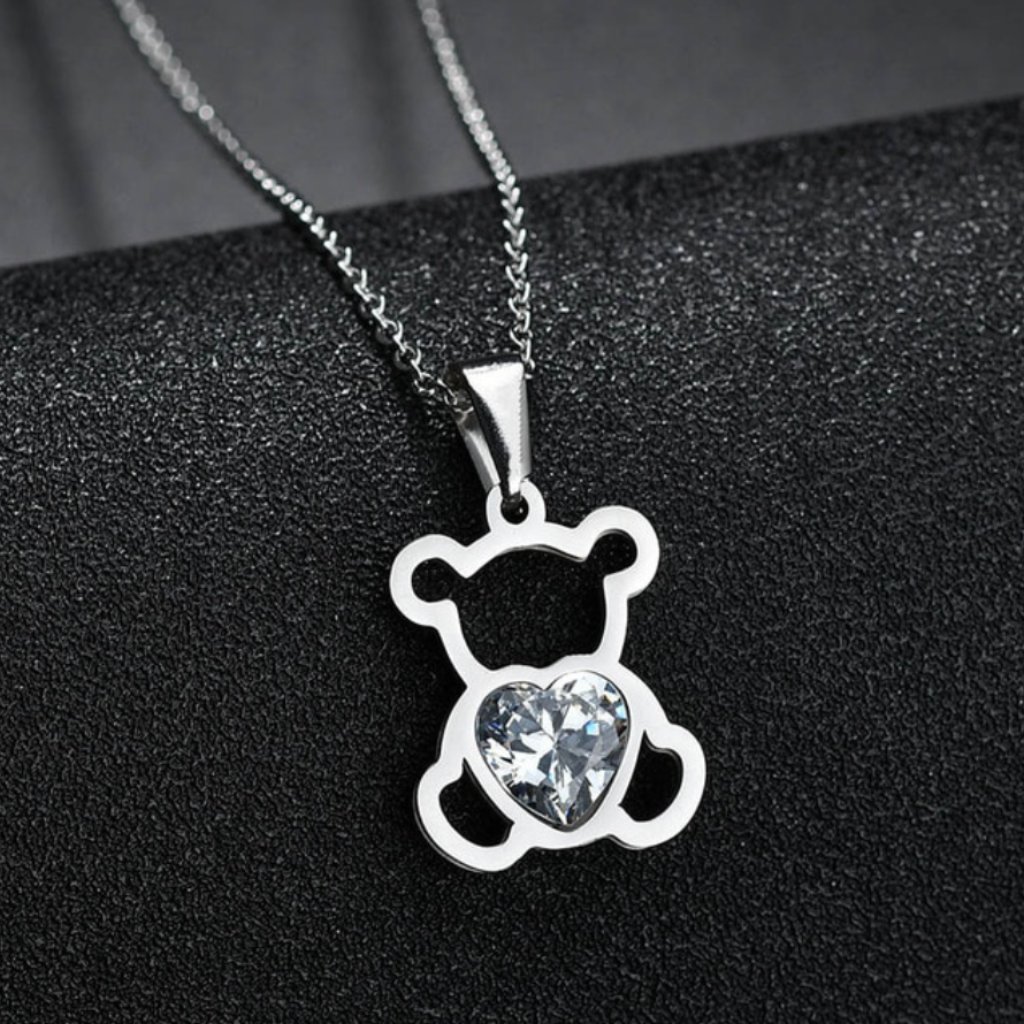 Teddy Bear Heart Baby Newborn Silver Necklace